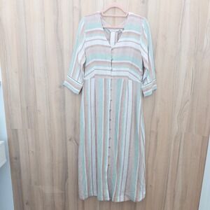 Soft Surroundings Linen Midi Dress Size MP Striped Button Front Boho Coastal